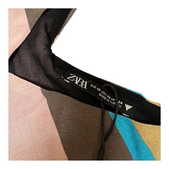 Zara Top Womens XS Brown‎ Stripe Tank Plunge Pink Blue Faux Wrap Plunge V Neck - Picture 3 of 11